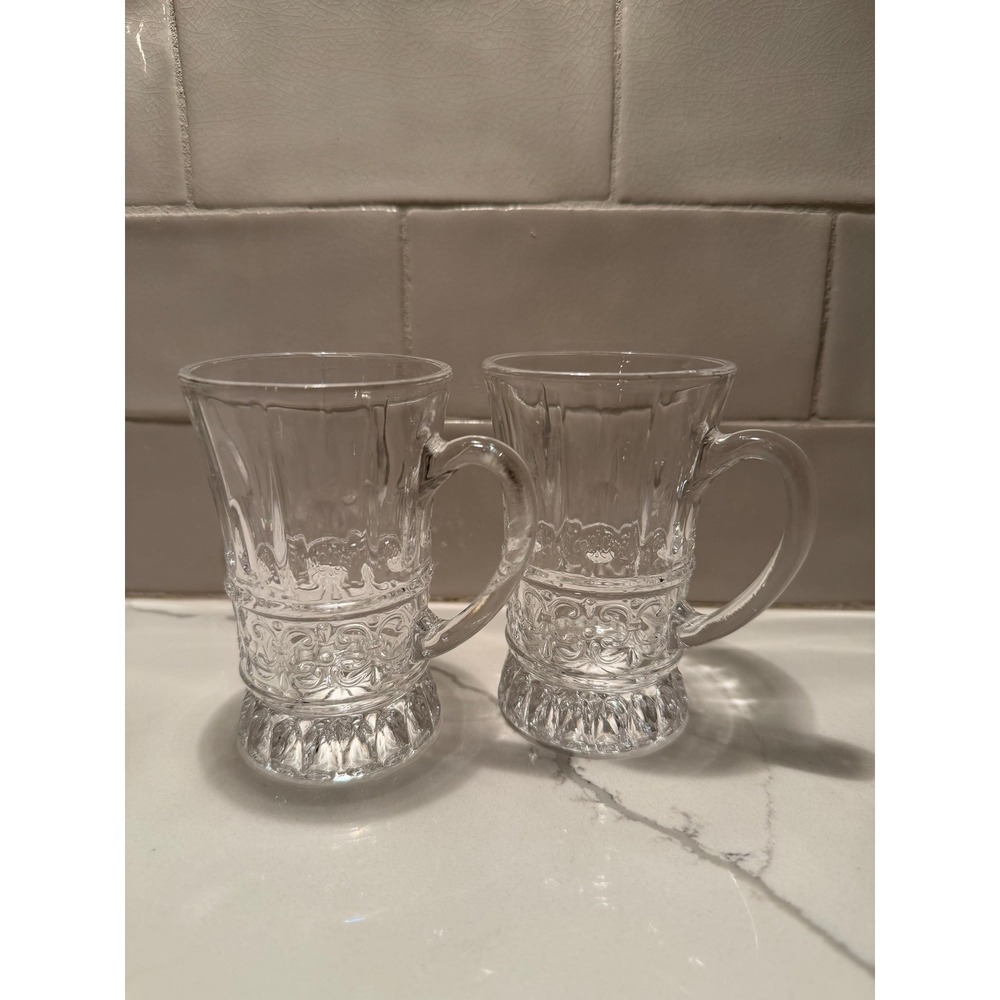 Two Small Vintage Clear Pressed Glass 7.5oz Mugs Tankards Steins-Vintage Barware